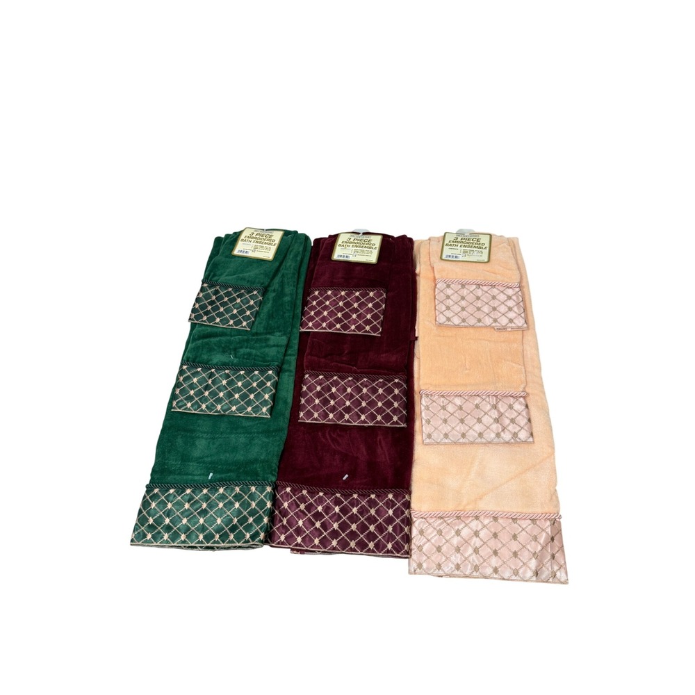 VTG Better Home 3 Piece Embroidered Bath Ensemble Towel Set Green Burgundy Peach